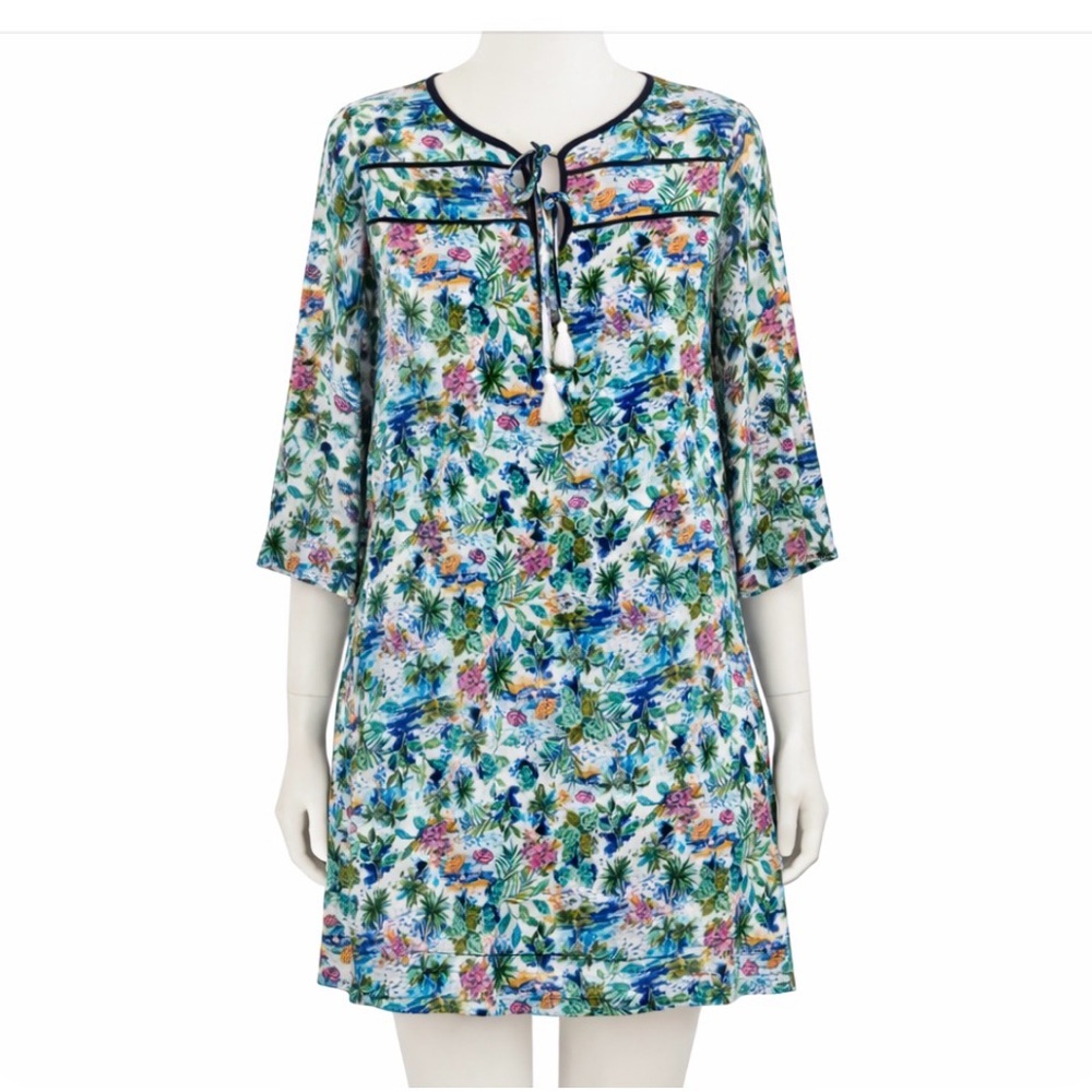 Caribbean Joe Tropical Print Tunic Dress Small Blue Green Floral Tassel Neckline